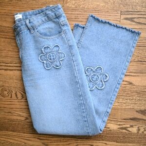 Flower Patch Jeans Emroidered Straight Leg Cotton Mid Rise Angel Kiss 29" Fray
